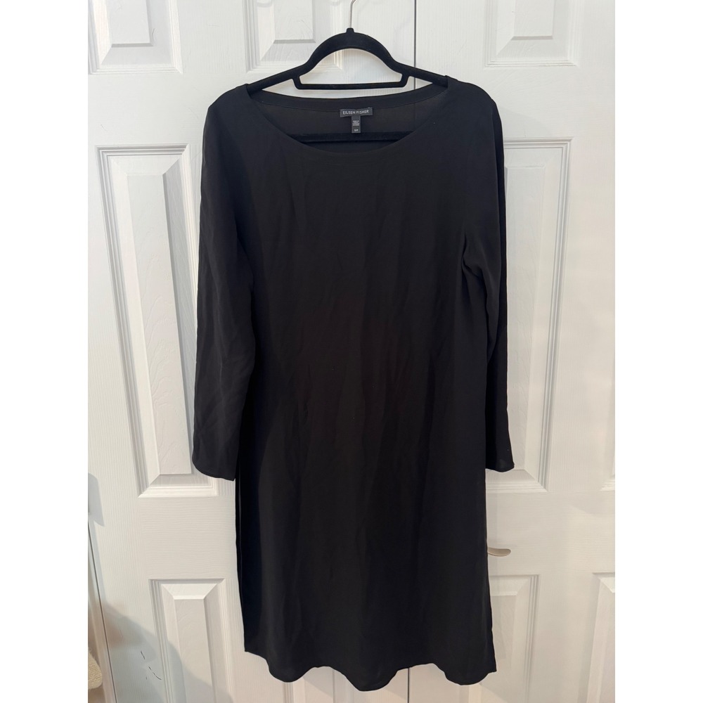Eileen Fisher Black 100% Silk Long Sleeve Shift Dress Tunic Small S/P Side Slits